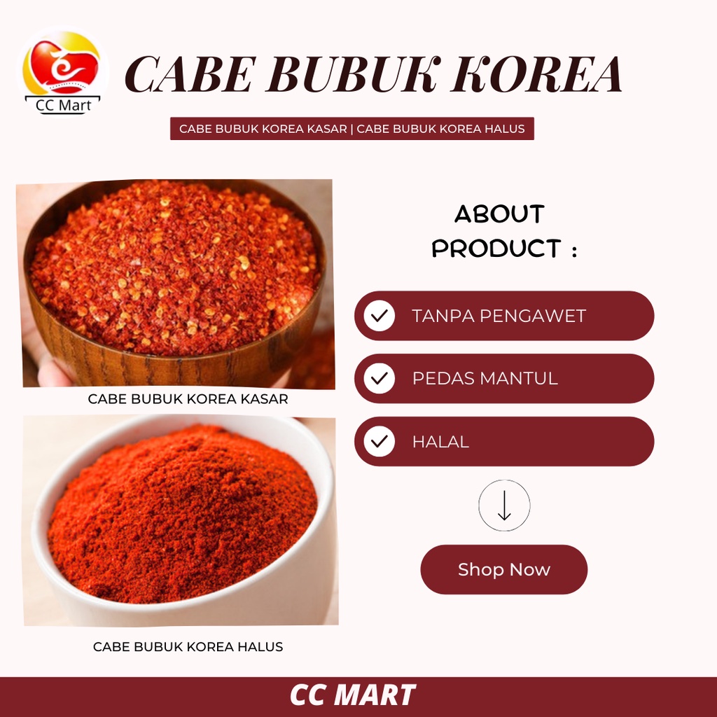 

Gochugara 100 Gram / Bubuk Cabe Korea / Red Pepper Powder / Cabe Kasar / Cabe Halus Bubuk