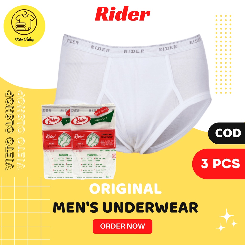 (3 Pcs) CD Celana Dalam Rider R 125B Classic Katun Putih Pria Dewasa / Sempak Bokser Laki laki Dewas