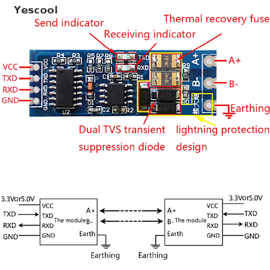 Yescool Modul Konverter serial port Ke RS485 RS485 Ke TTL Stabil