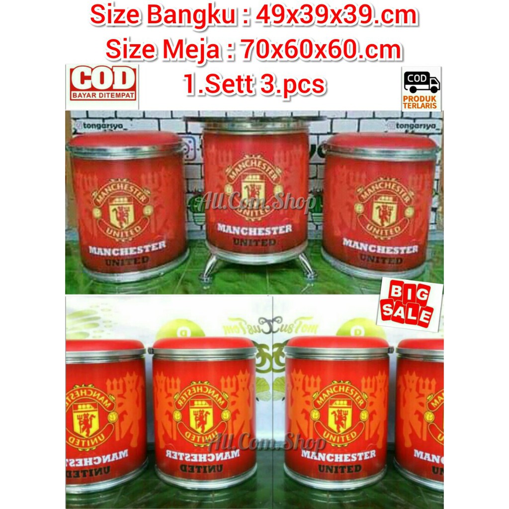 Tong Stool Kursi/Meja Bangu Motif M.U Mhanchester. Stool Tong Kursi FootBall 1.SET