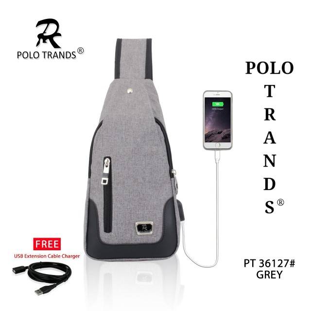 Polo Trands 36127 [ORIGINAL BRANDED] Tas Selempang FREE Kabel USB Charging Pria/Wanita