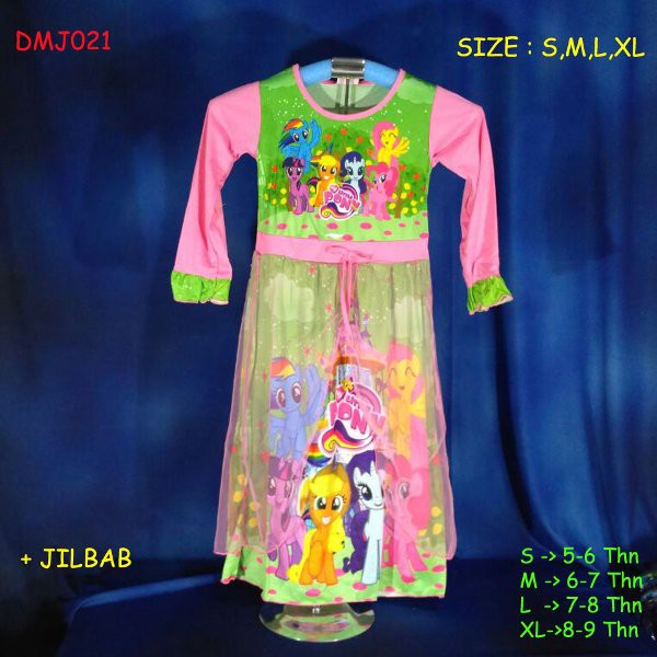 DMJ012 Baju Muslim Anak Gamis Kuda Pony Green Pink