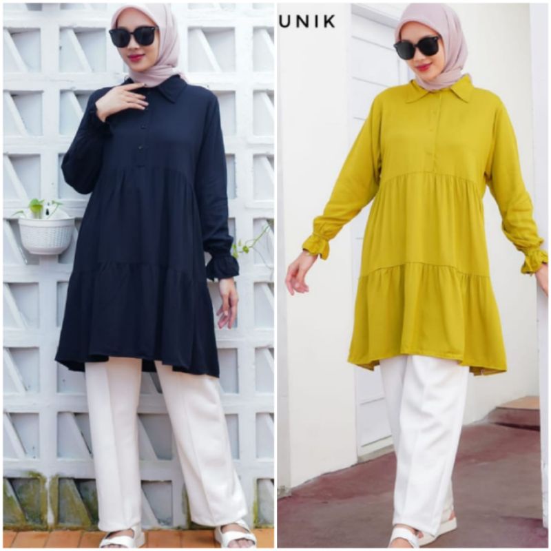 BISA COD AZKIYAHIJAB29 CLEO TUNIK RAYON TWILL POLOS BAJU TUNIC BABYDOLL UMPAK RUFFLE BUSUI JUMBO ATA