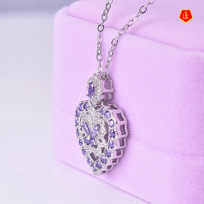 [Ready Stock]Full Diamond Amethyst Zircon Butterfly Pendant Women's Heart-Shaped Necklace