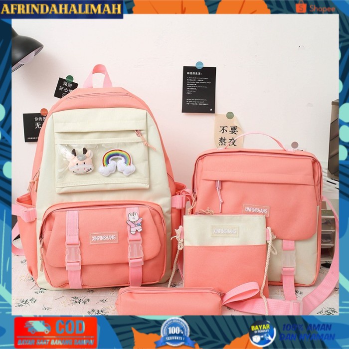 

[TERBARU] TB-66 set 4 pcs tas wanita ransel sekolah kampus pouch canvas bag impo - Merah Muda