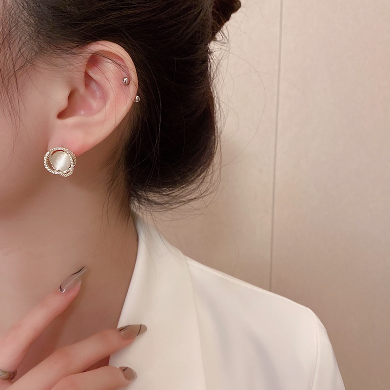 Anting Tusuk Bahan 925 silver Desain Geometri Hias Berlian Opal Gaya Mewah Untuk Wanita