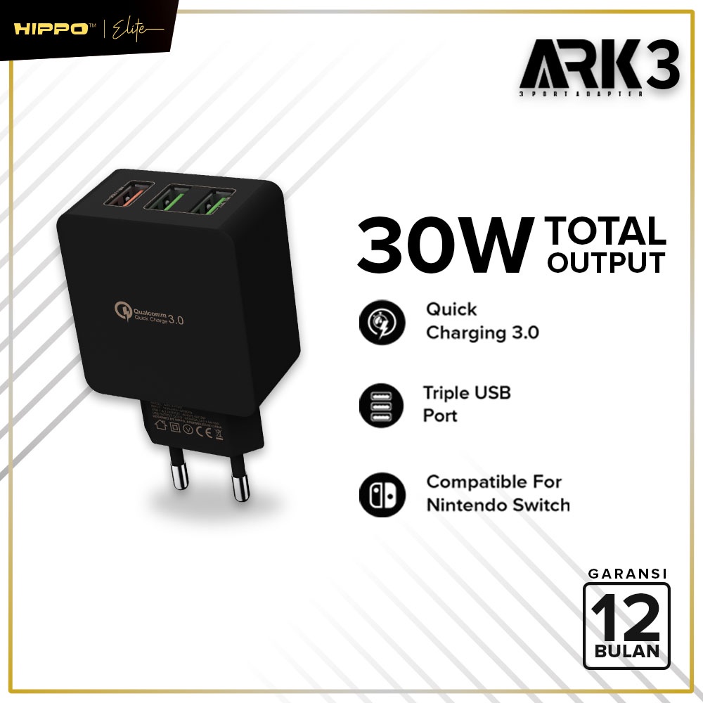 Hippo Adaptor ARK 3 30W Quick Fast Charging 3.0 Travel Adapter Kepala Casan Colokan Charger Rumah type C QC 3 Port Output USB A USB C