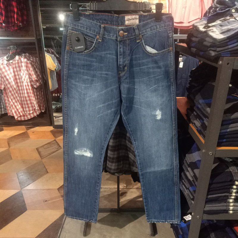 Celana jeans Wrangler Med Blue RIPPED GREENSBORO Non Stretch Ori