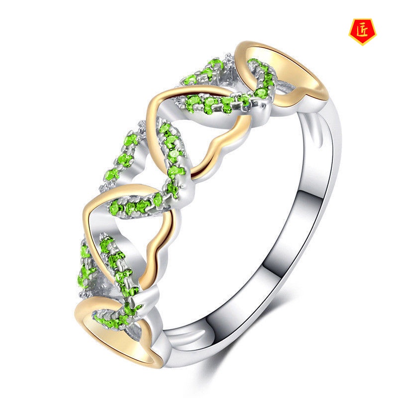 [Ready Stock]Simple Heart-Shaped Ring Inlaid with Colorful Zircon