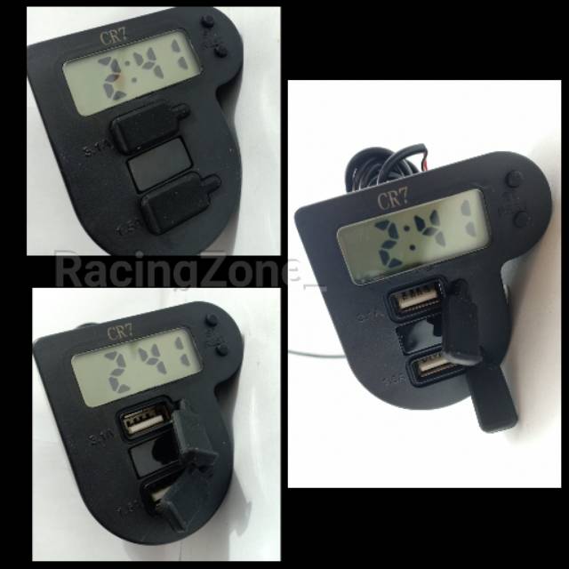 Voltmeter Charger Hp USB Jam Digital 3 In 1 Plus Breket Holder Motor Dan Mobil