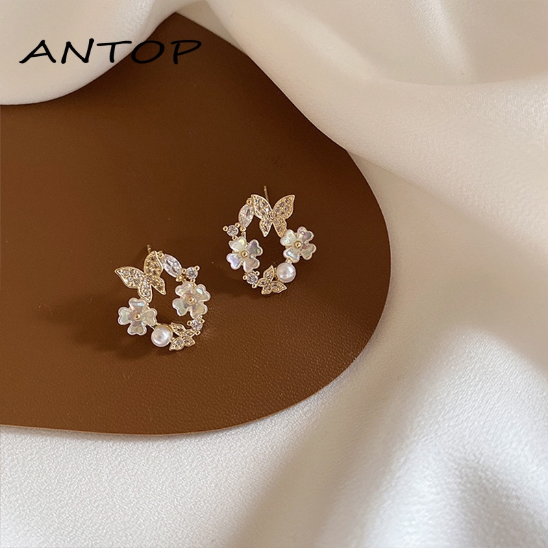 2Pcs Korea Bunga Anting Mutiara Perak Jarum Kupu-kupu Perhiasan Fashion Wanita ANTOP