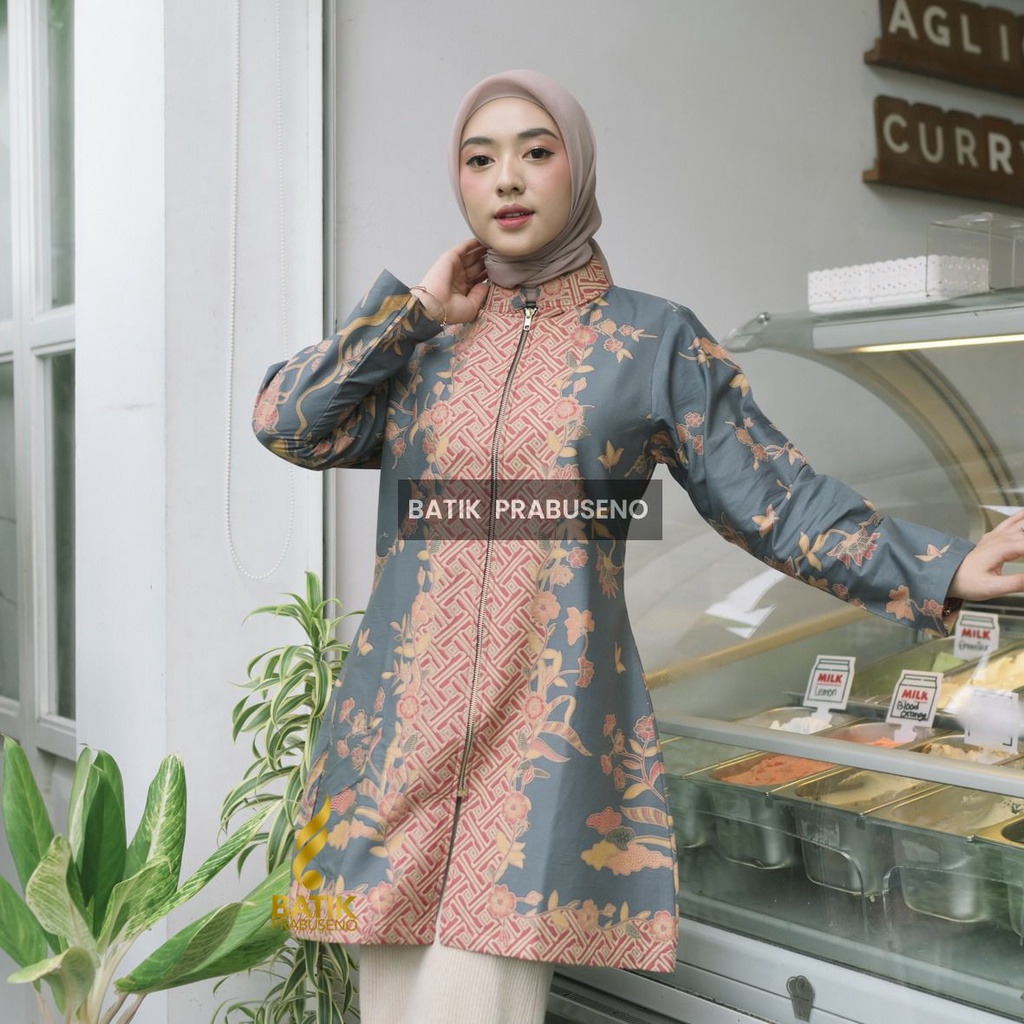 Batik Prabuseno - AULIA Tunik Batik Wanita Lengan Panjang Katun Printing Premium Lapis Trikot Batik 