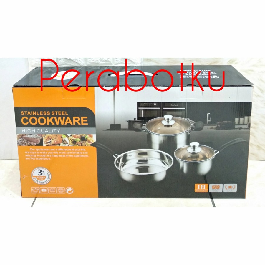 Cookware Set Stenlis Calypso isi 3 C-450 / Frypan Saucepan Panci Set Stainless Steel