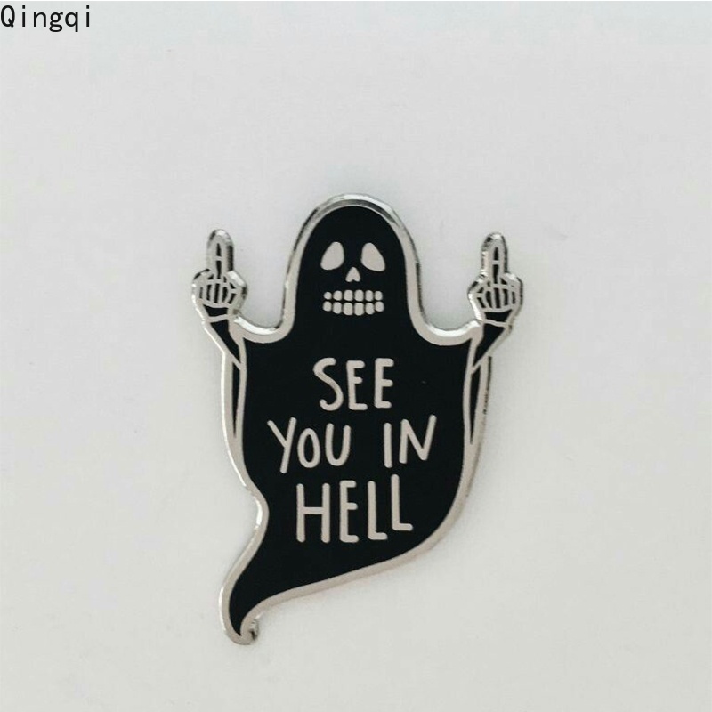 See You In Hell Bros Pin Enamel Desain Hantu Jari Tengah Tema Halloween