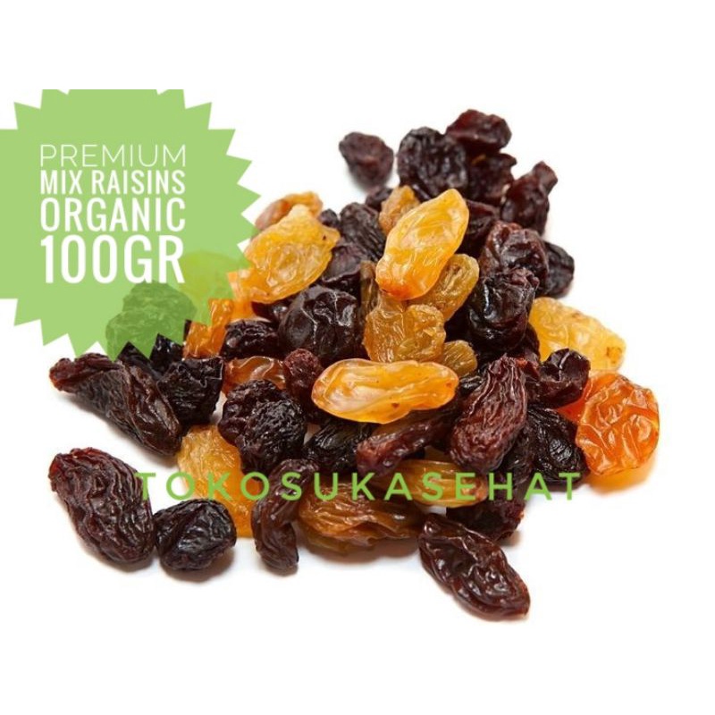 

PREMIUM MIX RAISINS ORGANIC 100gr ( Kismis Hitam + Kismis Kuning Organik ) Cemilan Sehat Unsweetened - Tokosukasehat Dried Fruit Snack Buah Kering Raisin