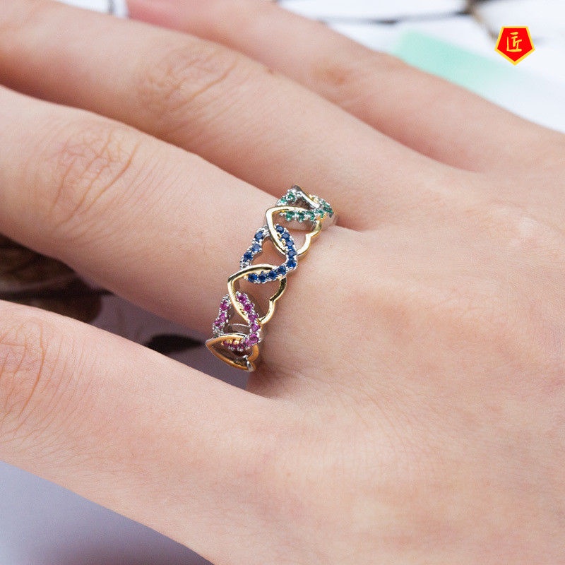 [Ready Stock]Simple Heart-Shaped Ring Inlaid with Colorful Zircon