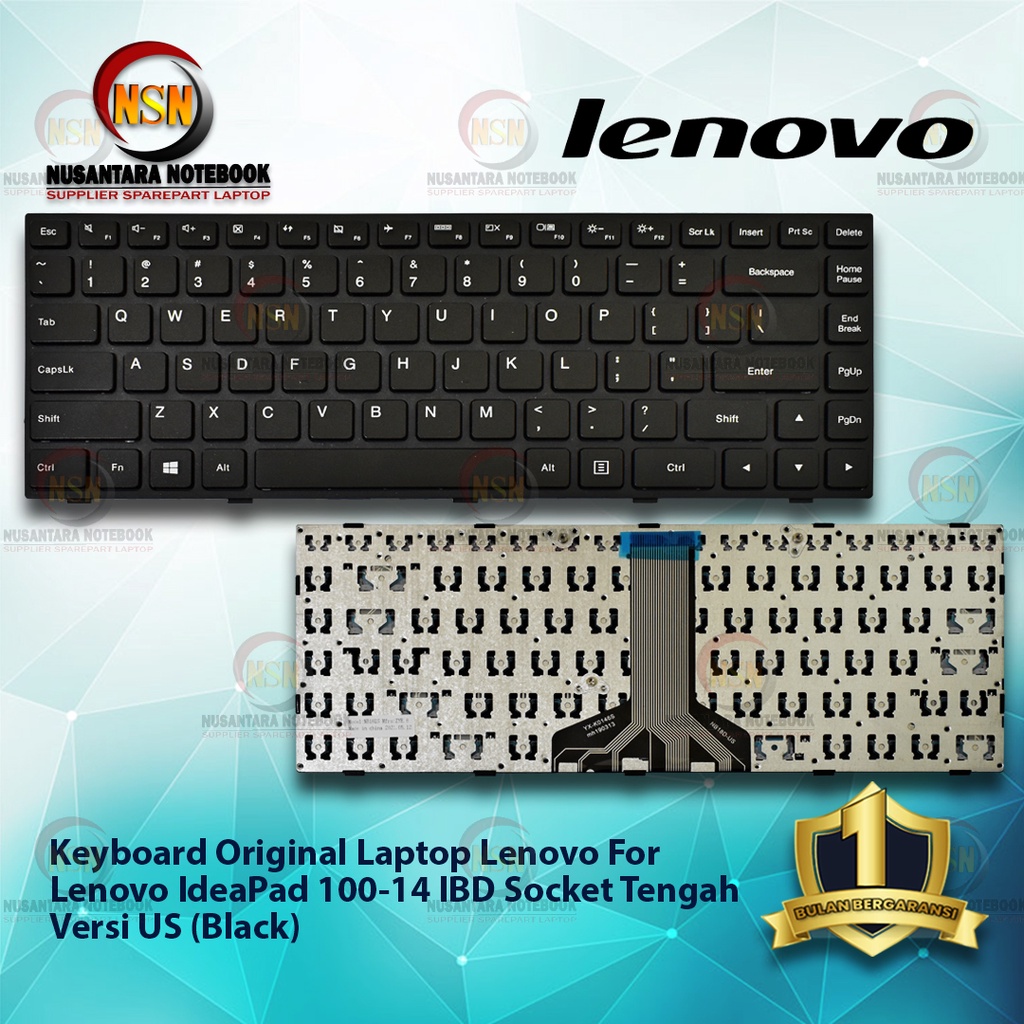 Keyboard Lenovo IdeaPad 100-14 IBD Hitam Black Socket Tengah Tombol Delete Versi US