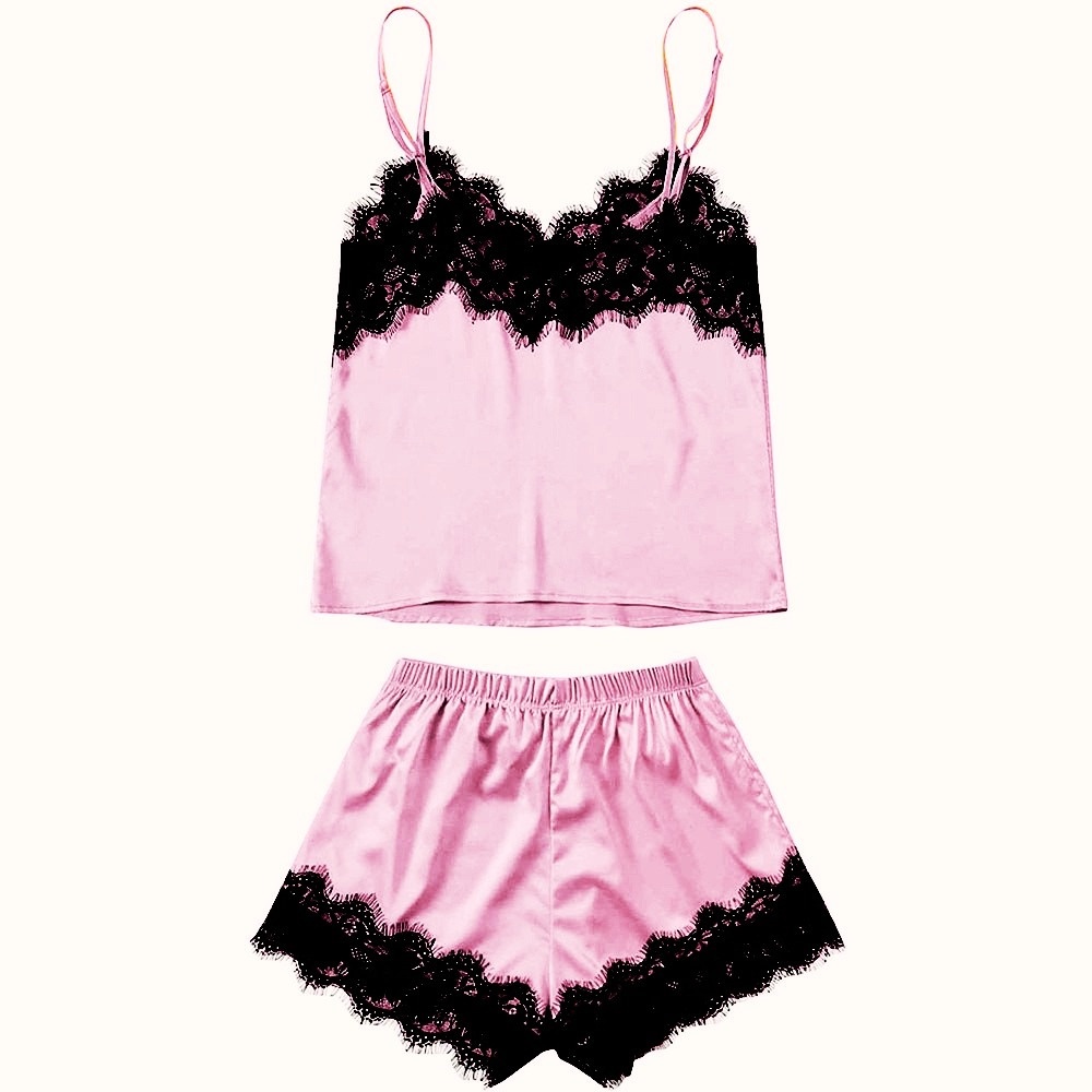 RV® Baju Tidur Lingerie Sexy Wanita Import Sleepwear Bahan Silk Set Wanita 1061-PINK