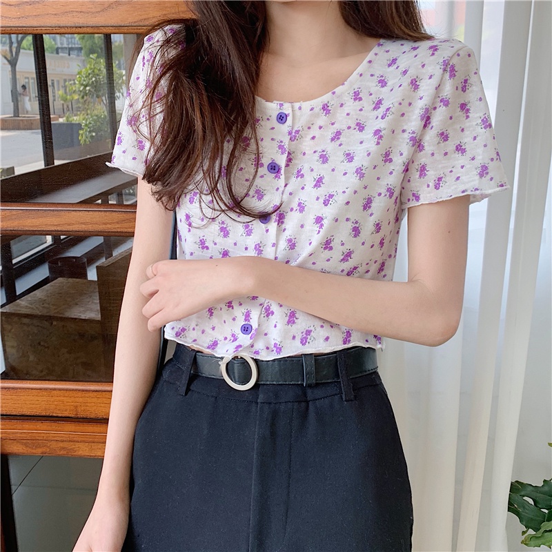 yikoo-Atasan cetak vintage crop top floral wanita korean