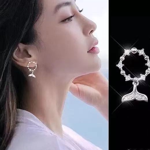 Anting Rumbai Berlian Imitasi 925 silver Needle Bentuk Ekor mermaid Bulat Model hollow