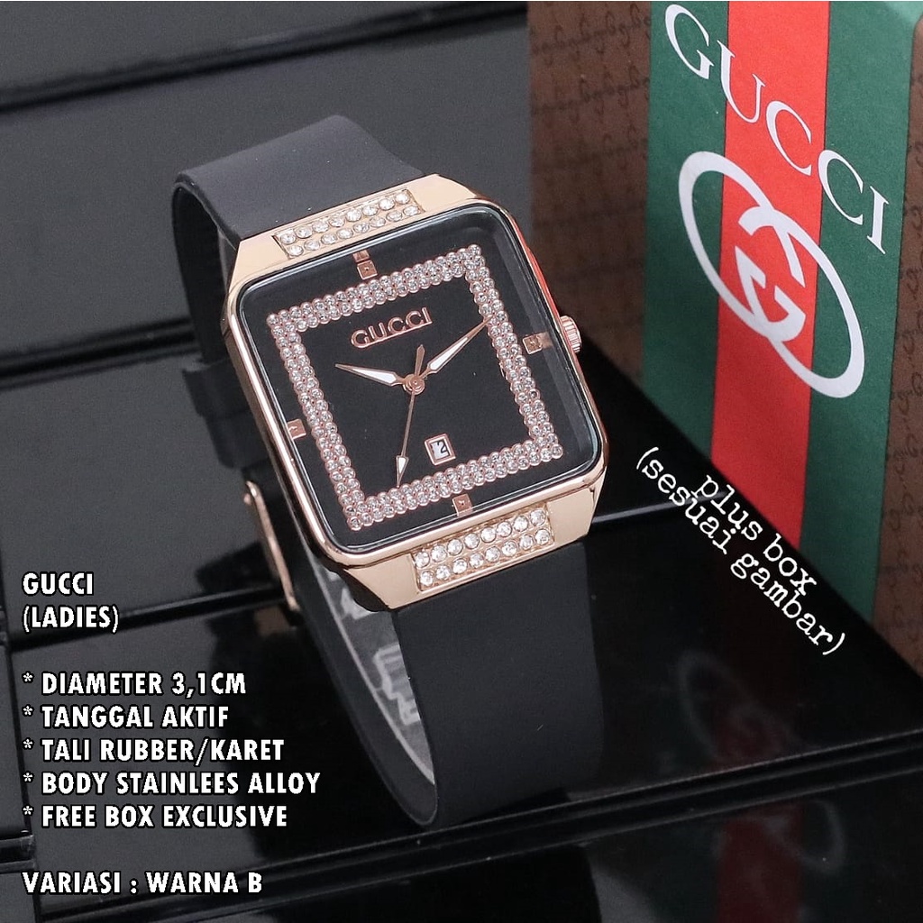 (FREE BOX) JAM TANGAN WANITA FASHION TALI RUBBER BODY SEGI DIAMOND TANGGAL AKTIF