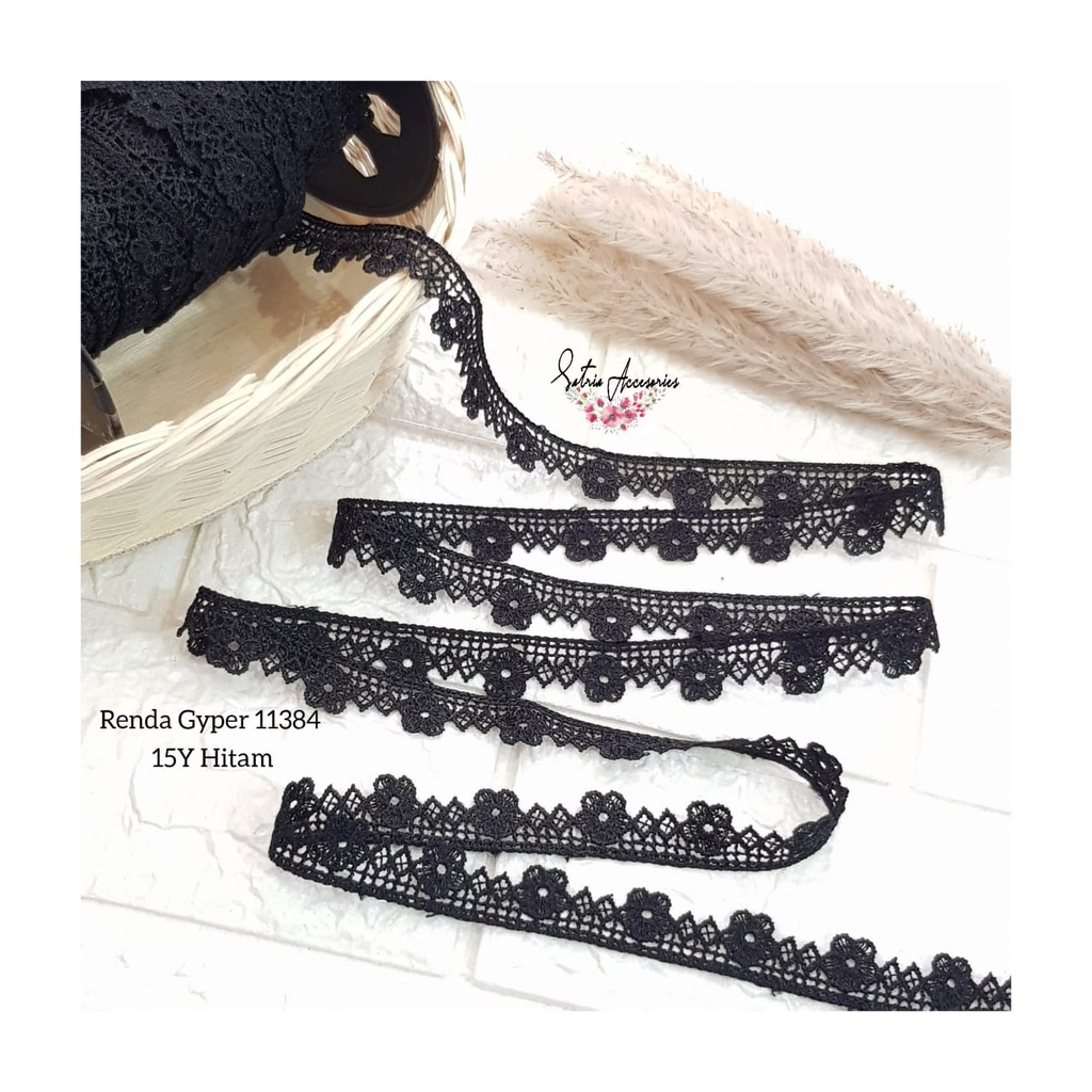 Renda/Lace/Aksesoris Baju/Renda Gyper 11384 15Y Hitam/Renda Gamis