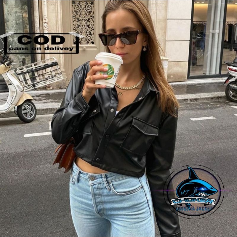 Jaket wanita kekinian kulit sintetis warna hitam bahan import/jaket kulit wanita crop original 100% 