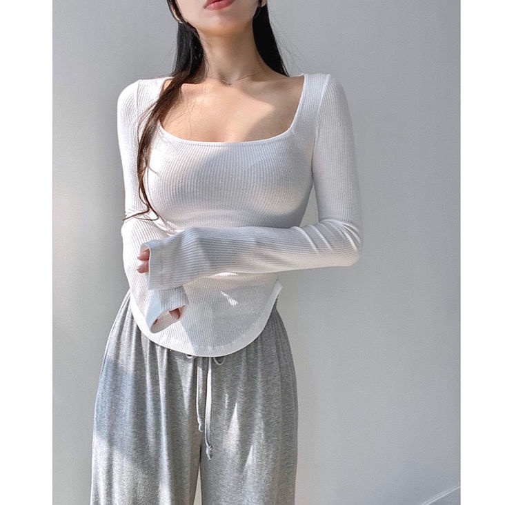 #Sisjuly# Kaos Peregangan Kurus Leher Persegi Lengan Panjang Kaos Bawahan U Hem