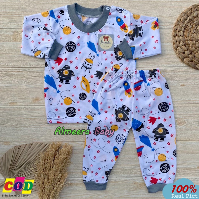 Setelan Baju Bayi Setelan Piyama Bayi Lengan Panjang Kancing Bahu Motif Rocket Usia 3-12 Bulan Almeera Baby And Kids