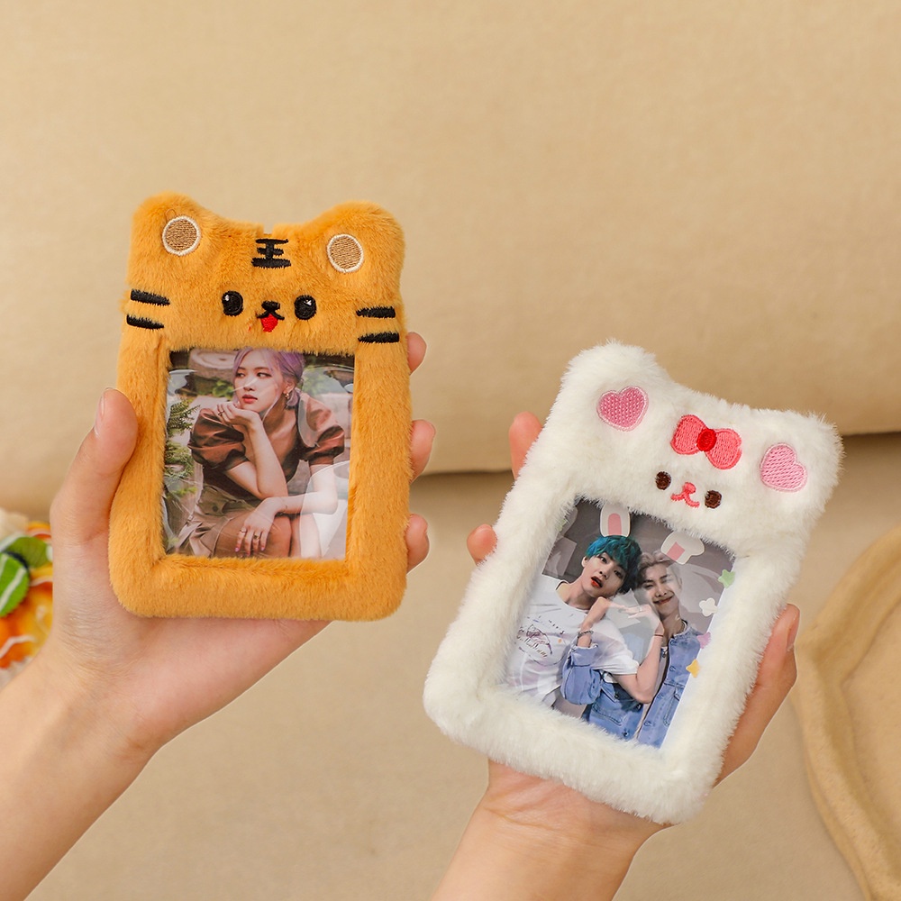 INS Plush Rabbit Photocard Holder dengan Keychain Cute Bear Credit ID Bank Card Bag Idol Photo Protective Case Stationery