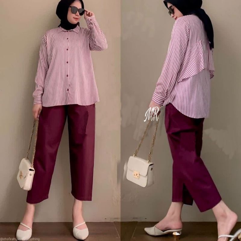 Fashion Remaja Modern Set Baju Muslim Salur Polos Trendy One Set Celana Wanita Rubina Model Kekinian