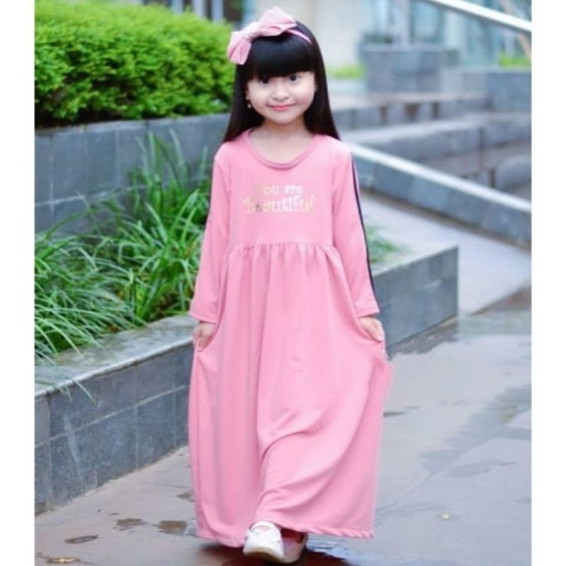 (2-7 Tahun) Long Dress Gamis Foil Anak Perempuan Cewe Usia 2 - 7 Tahun.