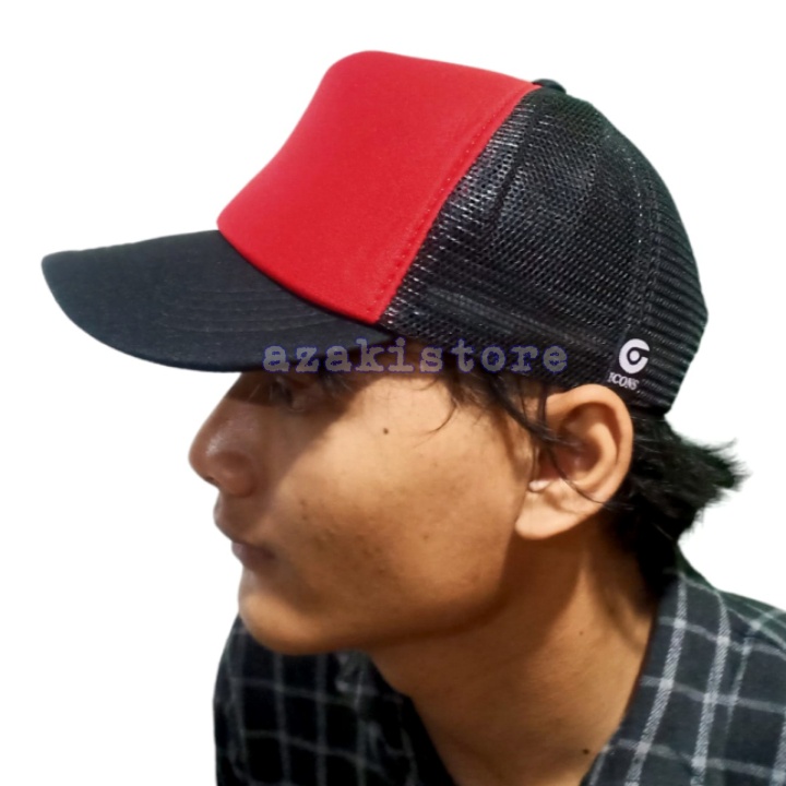 Topi Jaring Polos Hitam depan Merah