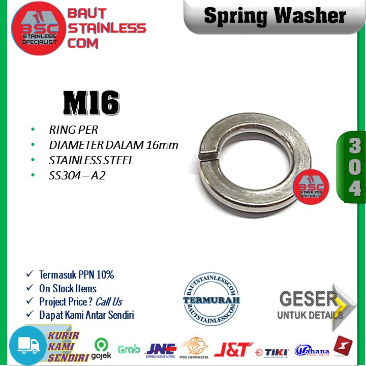 RING PER M16 SPRING WASHER STAINLESS SS304 A2 ISI 10 PCS