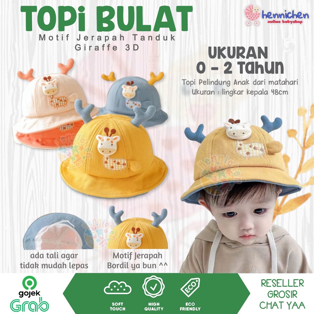 Topi Bulat Bayi Jerapah Tanduk Giraffe 3D Bucket Hat Baby Import Topi Anak Lucu Unisex 0 - 2 Tahun