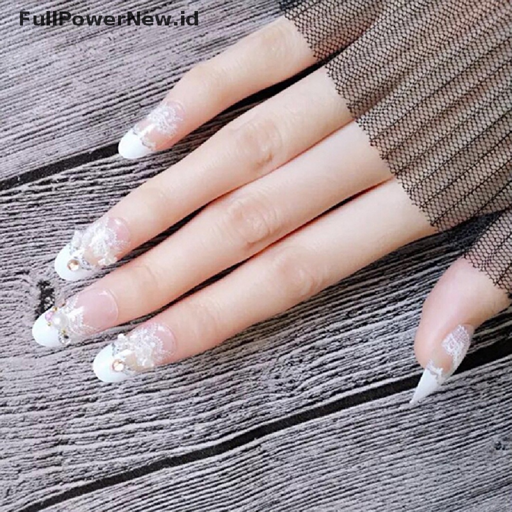 24 Pcs Kuku Palsu Bahan Akrilik Aksen Kristal Gaya Perancis Untuk Nail Art