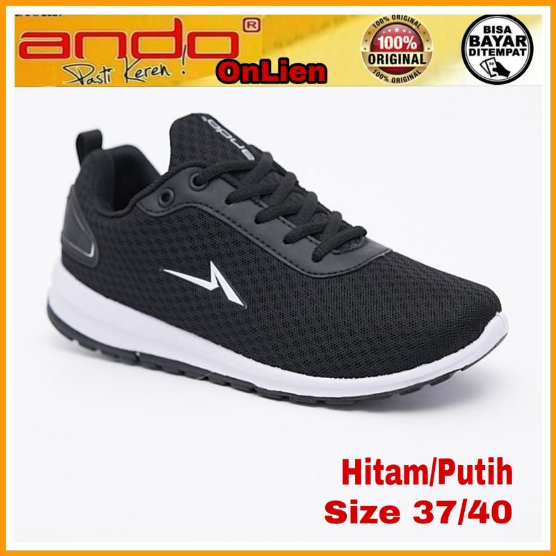 ANDO Sepatu Sekolah Kerja Cewek Cowok Keren Kekinian Spatu Zora Tali Hitam Putih Black White Size 37-40 Original Berkualitas