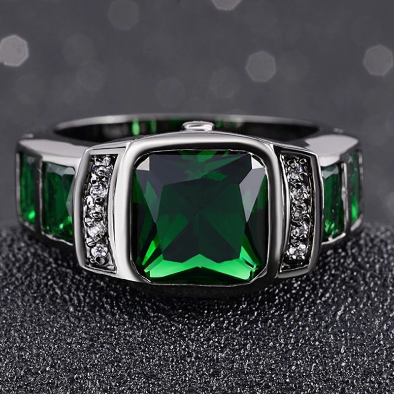 Cincin Emerald Zamrud Stone Elegan Mewah Minimalis Modern Black Platted Hijau Jamrud