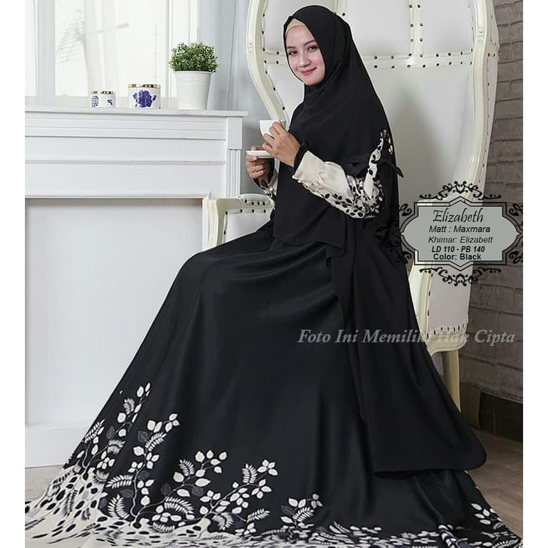 BAJU GAMIS SYARII MUSLIM MEWAH ELIZABETH HITAM BONUS KHIMAR / BAJU GAMIS TERBARU