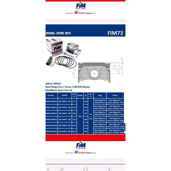 Piston Seher Kit Fim Crf 150 L - New Mega Pro - Verza Fim73