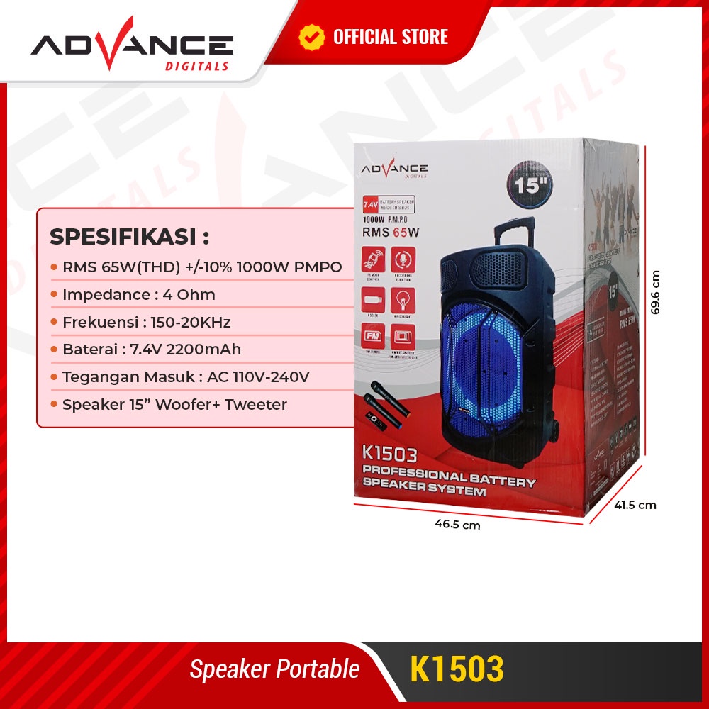 Advance Digitals K1503 Speaker Meeting Bluetooth Salon Aktif 15&quot; Gratis 2 Mic Karoke Batrei Besar RGB Light