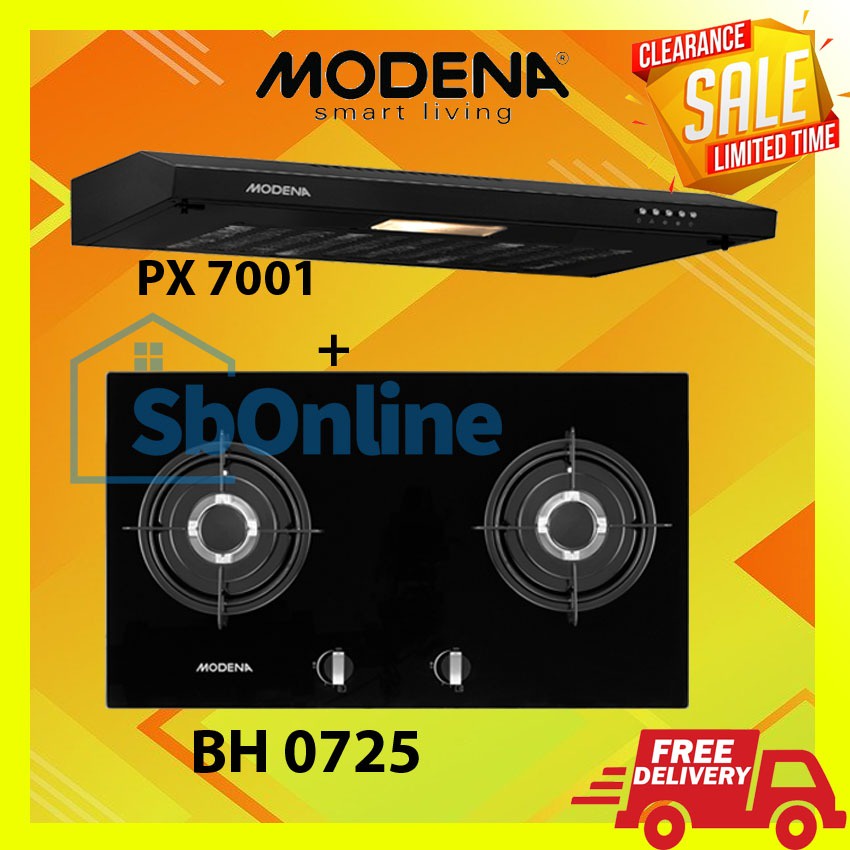 MODENA Paket Kompor Tanam 2 Tungku 70 cm dan Cooker Hood 70 cm - BH 0725 &amp; PX 7001