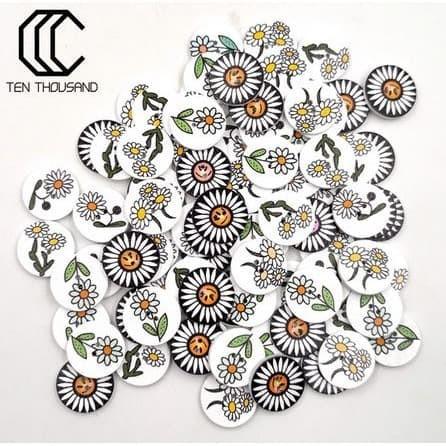 Kancing Kayu 2 Lubang - TEN THOUSAND Round White Sunflower (10pcs)