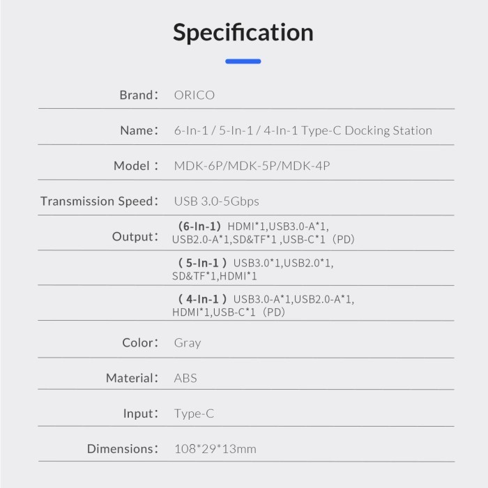 ORICO MDK-6P 6 in 1 Type-C Hub USB 3.0 USB 2.0 SD TF HDMI
