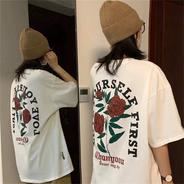 baju wanita kaos rose flower graphic printing t shirt oversize lengan pendek kaos putih