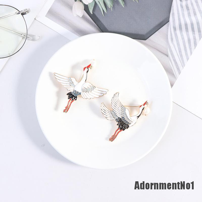 (Adornmentno1) 1pc Bros Pin Enamel Desain Burung Bangau Hias Mutiara Gaya Vintage Untuk Wanita