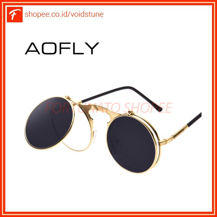 GS8 AOFLY Kacamata Hitam Round Vintage Steampunk Sunglasses Black/Black