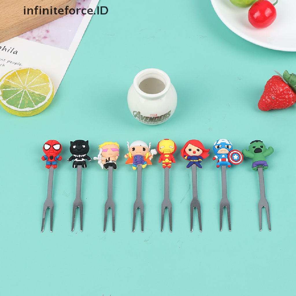 8pcs Garpu Buah Mini Bahan Stainless Steel Motif Kartun Hero Untuk Pesta Anak