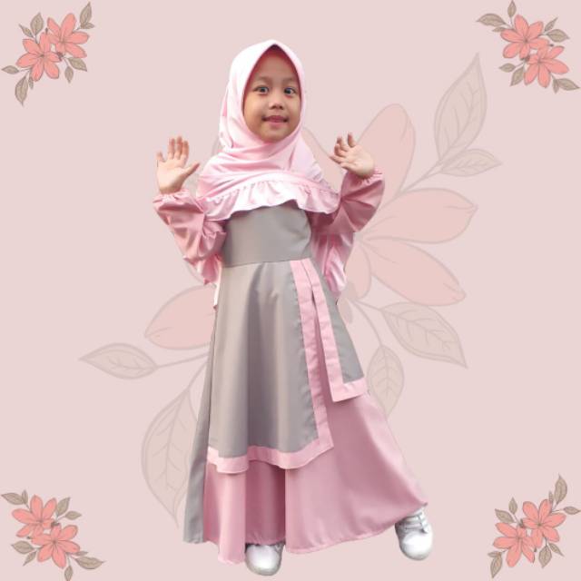 Gamis Lebaran Anak Ohbaby Syari Series Model Tirai Polos abu abu pink