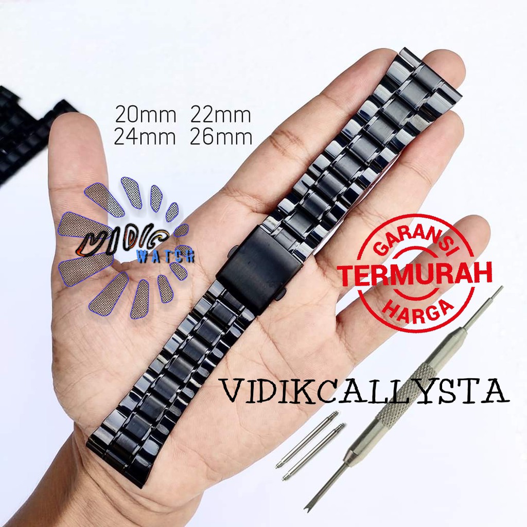 Strap Tali Jam Tangan Rante Hitam Stainless steel besi Lurus 20 22 24 26 Strap Rantai Jam Tangan